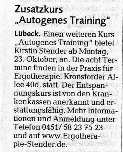 Wochenspiegel - Autogenes Training - Ergotherapie Stender